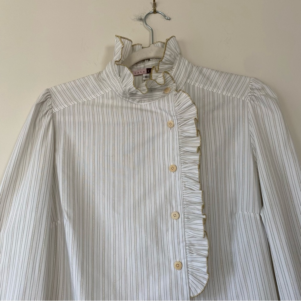 Lela Rose Ruffle Neck Stripe Long Sleeve Blouse Gold Metallic Size 8 - Picture 2 of 10